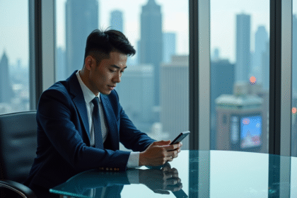 Jeune homme asiatique en costume navy concentré sur son smartphone