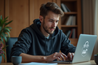 Jeune homme concentré utilisant un ordinateur portable avec certificat digital
