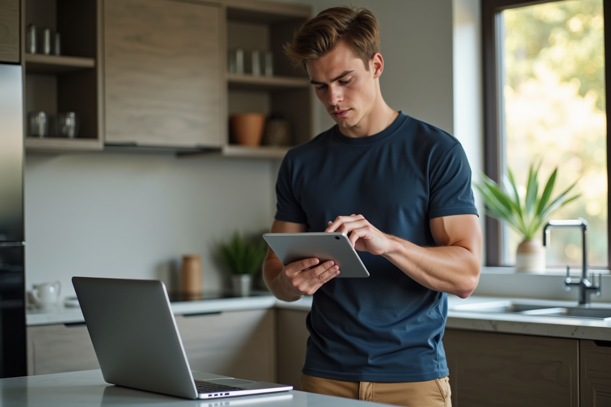 Jeune homme organisant des fichiers sur sa tablette dans la cuisine