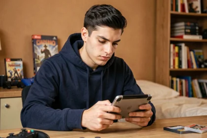 Jeune homme jouant à Pokemon Platine sur une Nintendo DS dans sa chambre