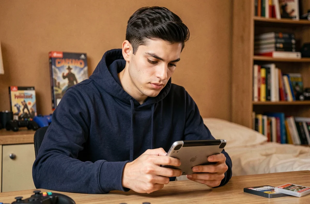 Jeune homme jouant à Pokemon Platine sur une Nintendo DS dans sa chambre