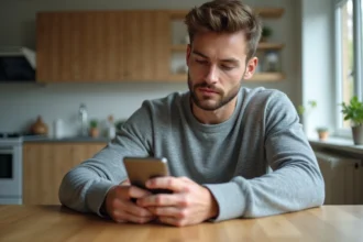 Jeune homme comparant deux smartphones dans une cuisine lumineuse