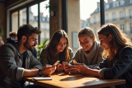 Groupe de jeunes adultes dans un café parisien avec smartphones et monuments