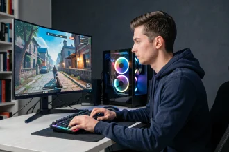 Joueur concentré devant un écran OLED 1440p dans un setup gaming moderne avec RTX 4070 visible dans la tour PC