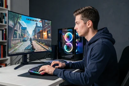 Joueur concentré devant un écran OLED 1440p dans un setup gaming moderne avec RTX 4070 visible dans la tour PC