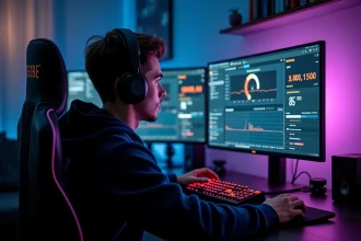 Joueur PC optimisant les drivers graphiques et la latence réseau sur un setup gaming triple écran