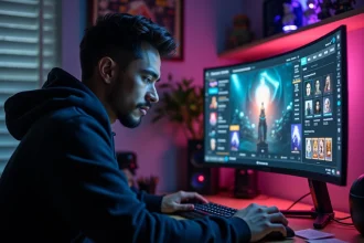 Joueur solo concentré configurant un loot filter sur un RPG en ligne depuis son bureau gaming à domicile