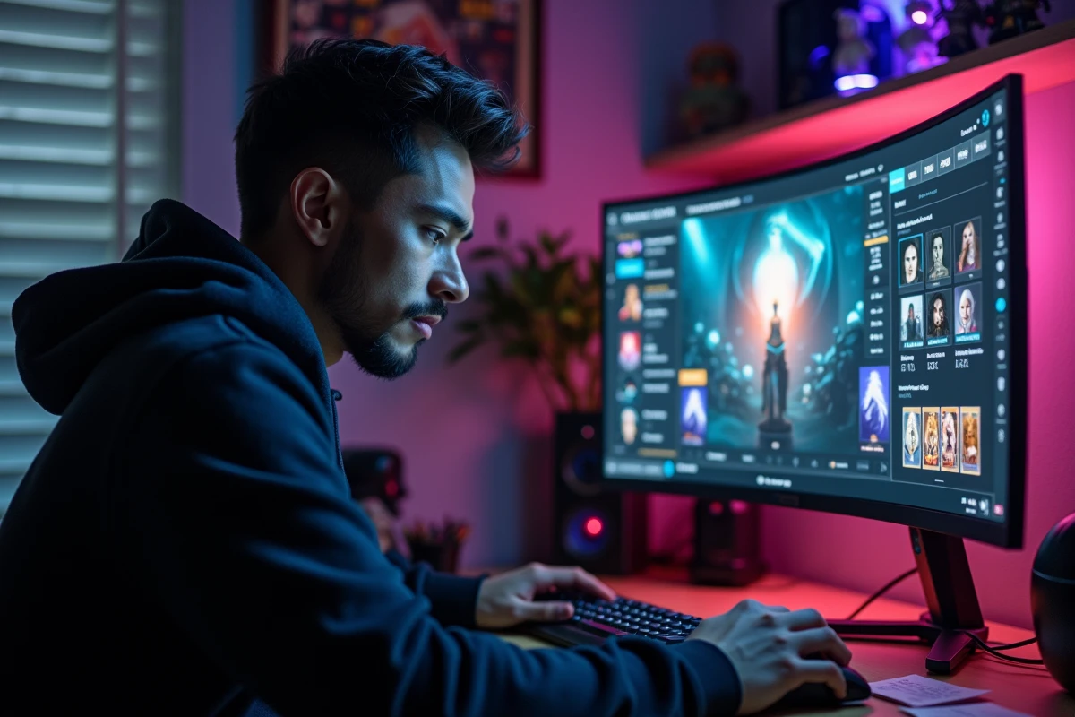 Joueur solo concentré configurant un loot filter sur un RPG en ligne depuis son bureau gaming à domicile