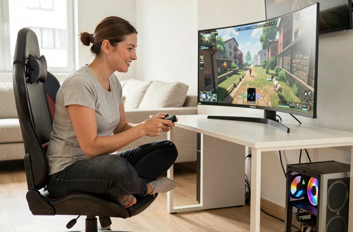Joueuse détendue devant un grand écran OLED incurvé 1440p dans un appartement moderne avec setup PC gaming