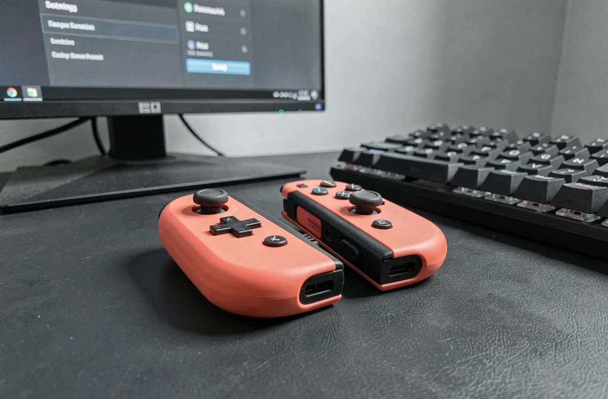 Gros plan sur une paire de Joy-Con Nintendo Switch posée sur un bureau avec un clavier mécanique et un écran PC