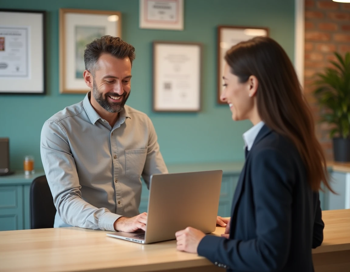 Technicien Kael Informatique remettant un ordinateur réparé à une cliente satisfaite dans une boutique