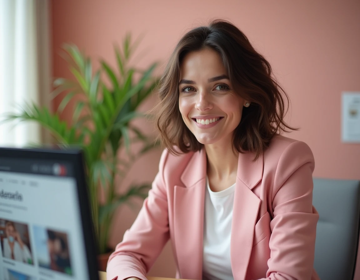 Consultante Le Pink Concept dans un bureau créatif aux accents roses pour services informatiques et digitaux