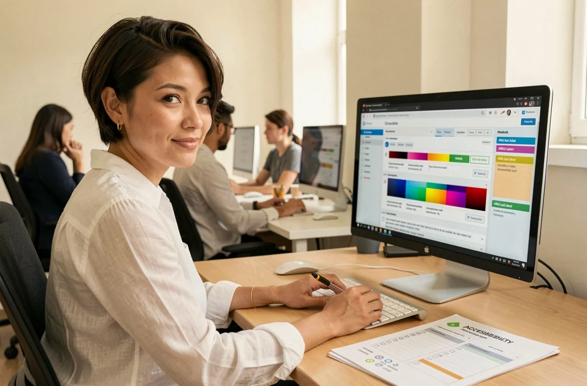 Designer UX de l'agence Lemon Interactive réalisant un audit d'accessibilité numérique sur son poste de travail avec un outil d'analyse de contrastes et d'annotations ARIA