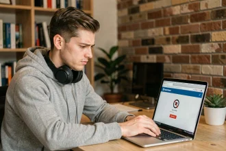 Homme frustré devant un lien YouTube bloqué sur son ordinateur portable à son bureau