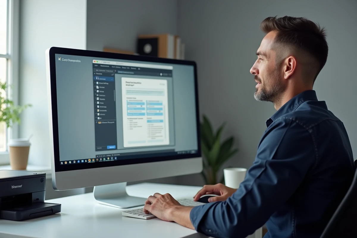 Homme utilisant un logiciel de numérisation sur ordinateur connecté à une imprimante scanner
