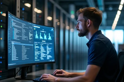 Ingénieur DevOps supervisant la maintenance de services en environnement cluster sur un tableau de bord Kubernetes dans un datacenter moderne