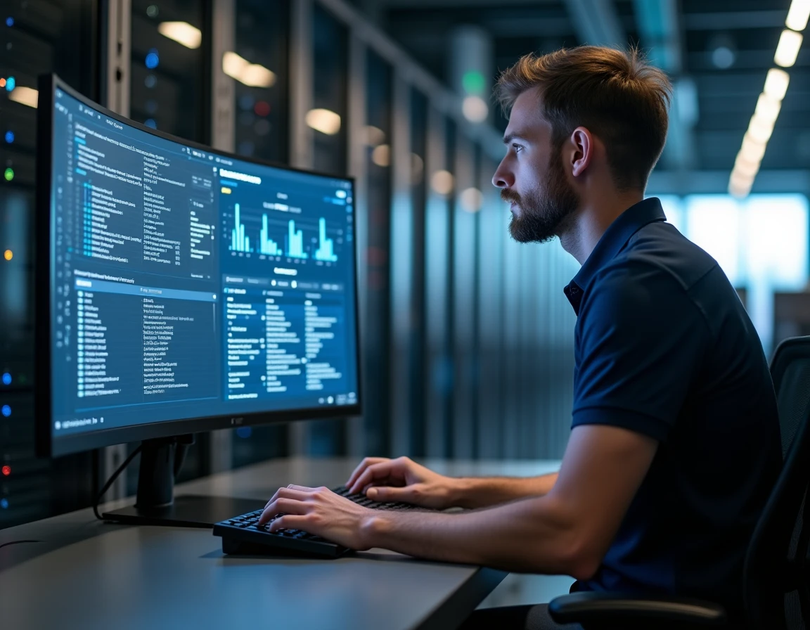 Ingénieur DevOps supervisant la maintenance de services en environnement cluster sur un tableau de bord Kubernetes dans un datacenter moderne