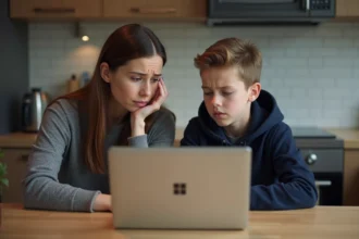 Mère inquiète avec son fils devant un ordinateur portable