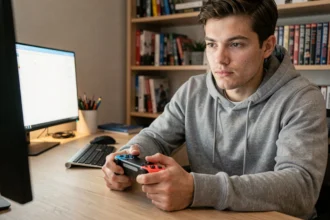 Jeune homme tenant une manette Nintendo Switch Pro devant un PC dans un bureau gaming moderne