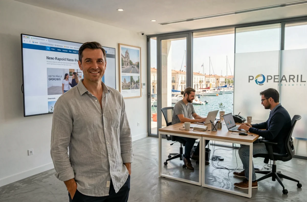 Chef de projet web masculin présentant un site e-commerce lancé à son équipe dans une agence moderne avec vue sur le Vieux-Port de Marseille