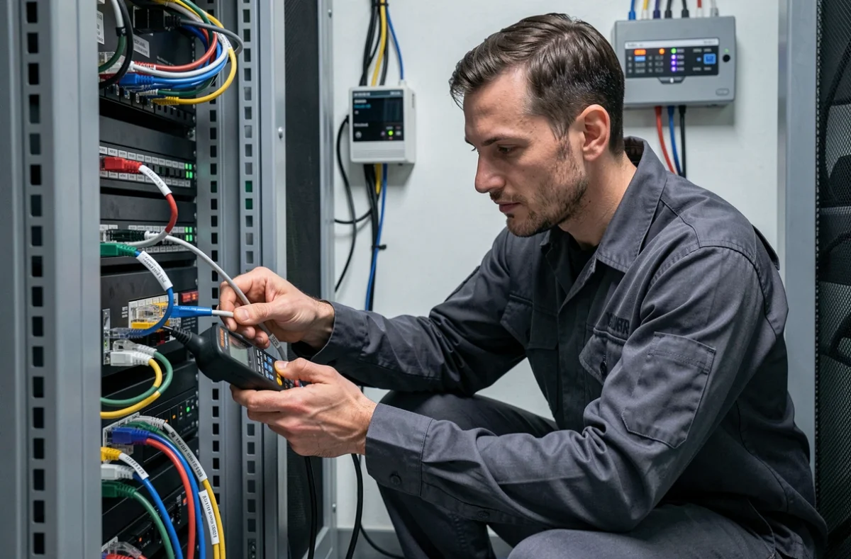 Technicien Media-Net configurant un panneau de brassage réseau dans une salle serveur professionnelle