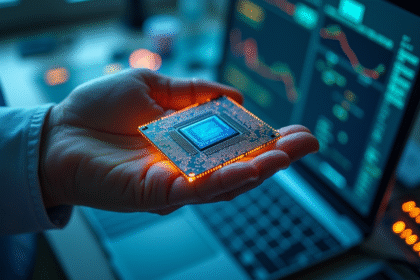 Main d'un ingénieur tenant une puce en silicium avancée