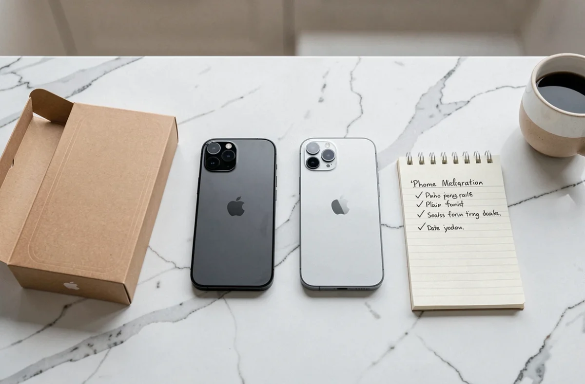 Vue de dessus de deux iPhones côte à côte sur un plan de travail en marbre blanc avec la boîte de l'iPhone 12 et un carnet de notes illustrant le processus de migration des données