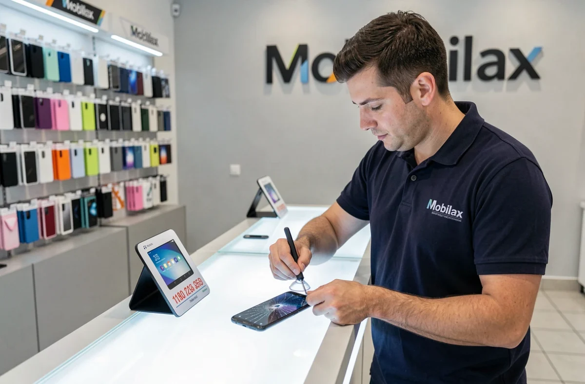 Technicien Mobilax Avignon posant un nouvel écran sur un smartphone Android au comptoir