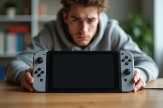Homme frustré observant sa Nintendo Switch éteinte connectée à son câble USB-C sur un bureau en bois
