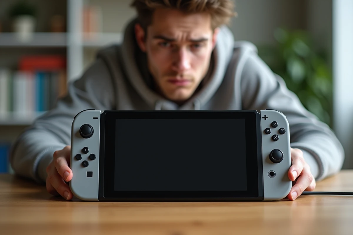 Homme frustré observant sa Nintendo Switch éteinte connectée à son câble USB-C sur un bureau en bois
