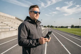 Opérateur de drone professionnel sur une piste d'athlétisme tenant une télécommande pour le suivi sportif aérien