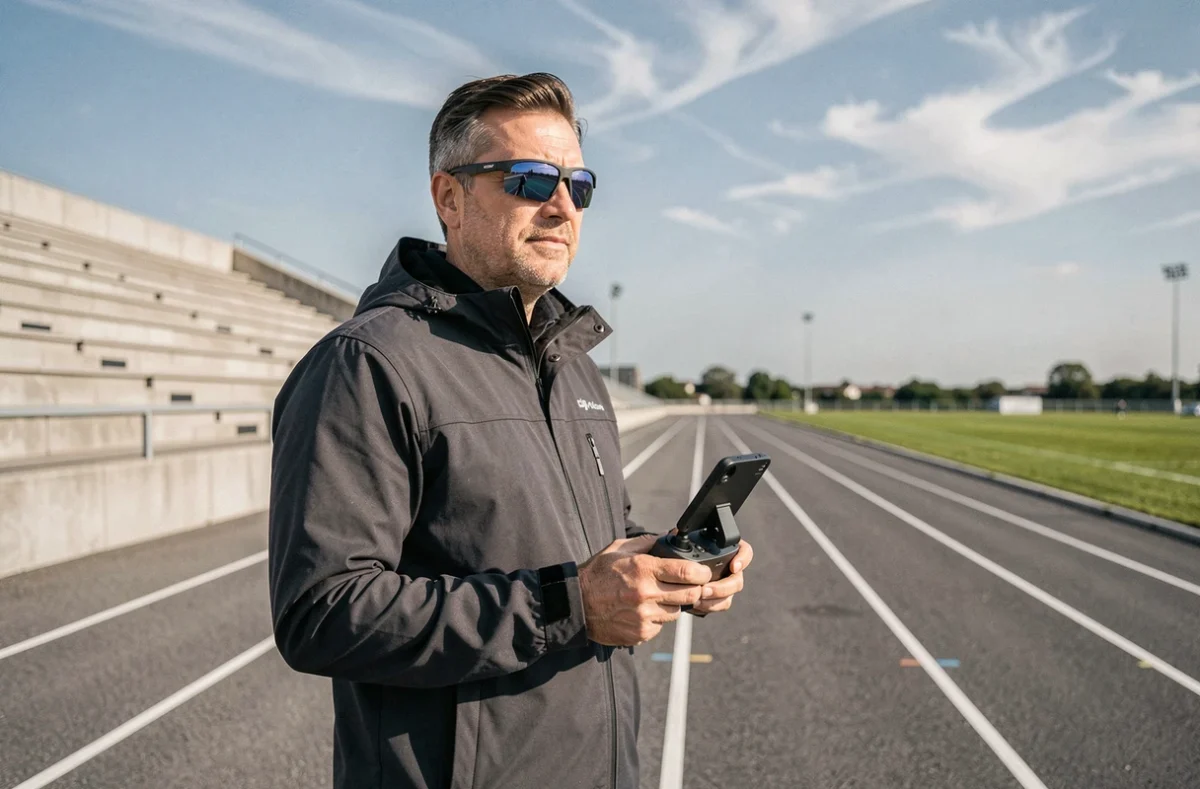 Opérateur de drone professionnel sur une piste d'athlétisme tenant une télécommande pour le suivi sportif aérien