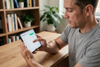 Homme consultant les paramètres de batterie d'un Samsung Galaxy dans un bureau à domicile