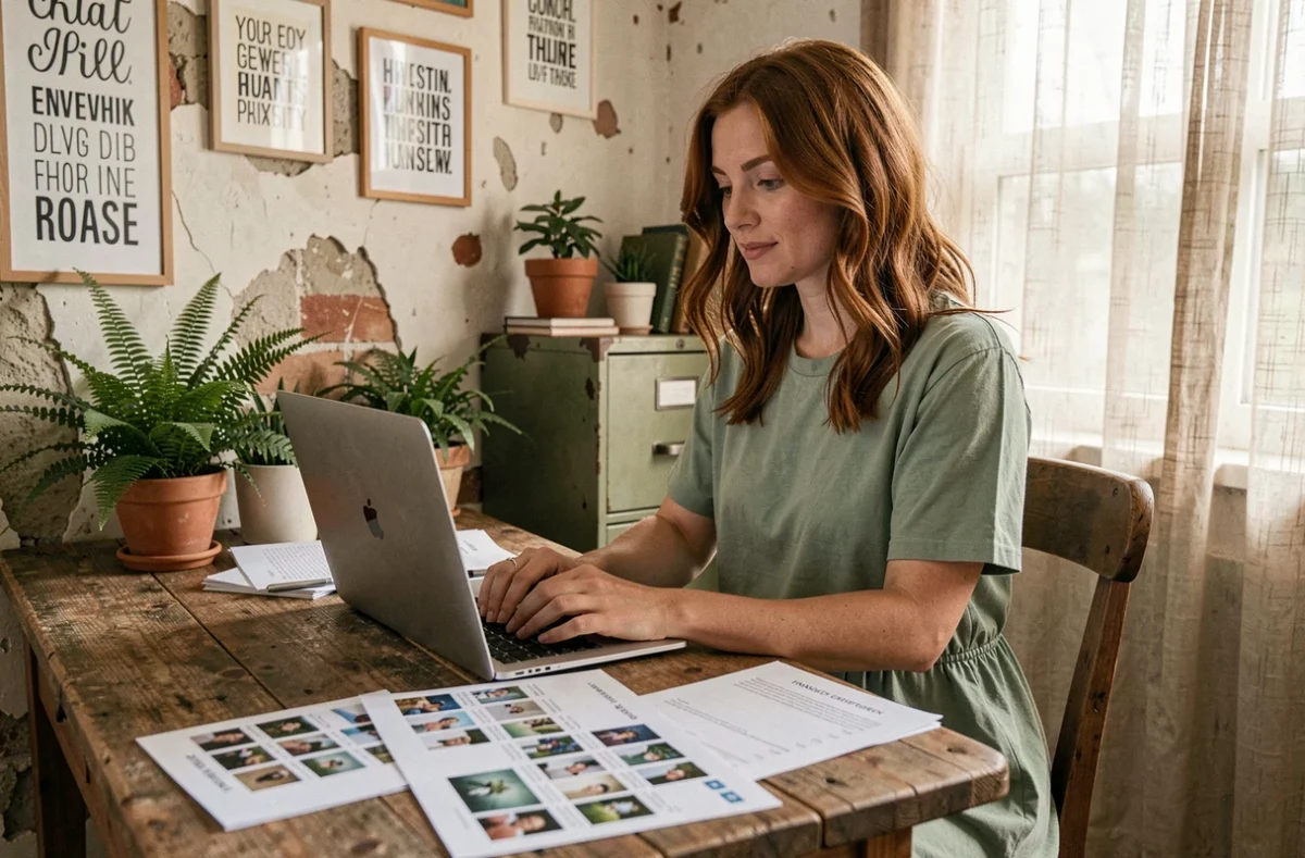 Créatrice de contenu web féminine travaillant sur un site et des calendriers éditoriaux dans un espace de travail chaleureux