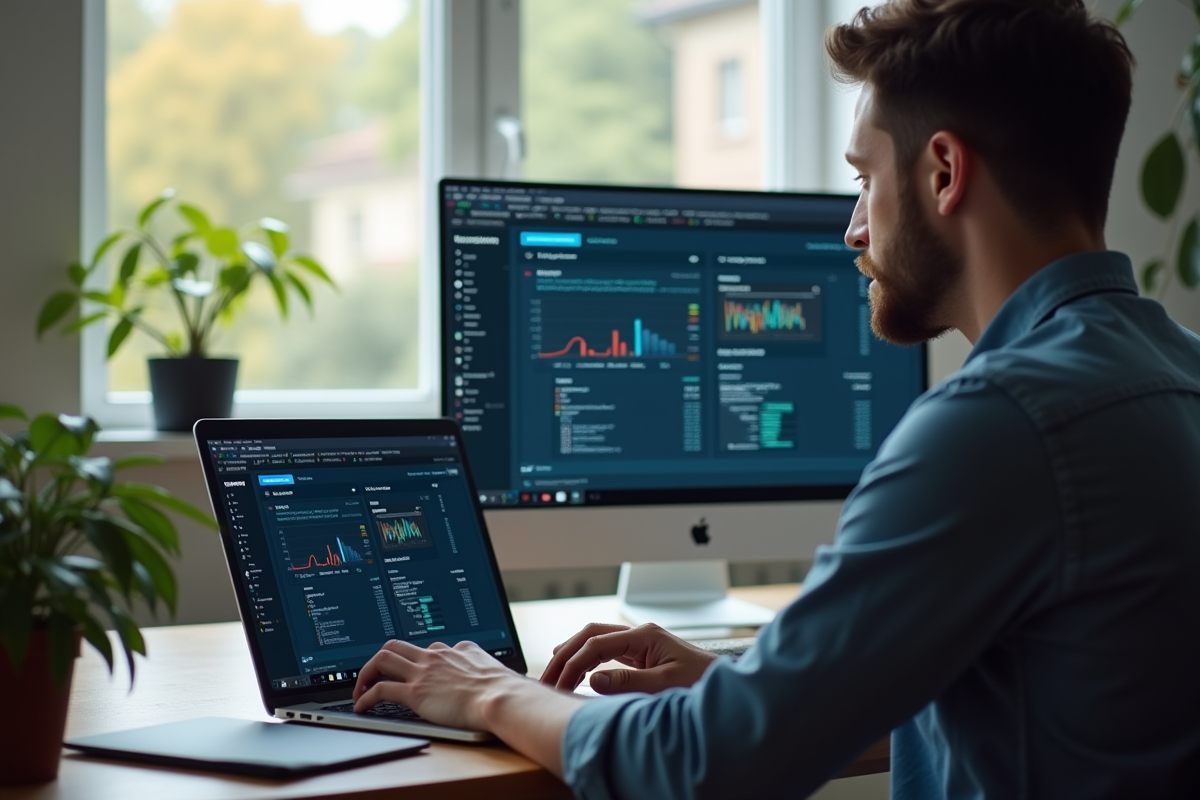 Personne dans un bureau moderne regardant un ordinateur avec un outil de surveillance réseau