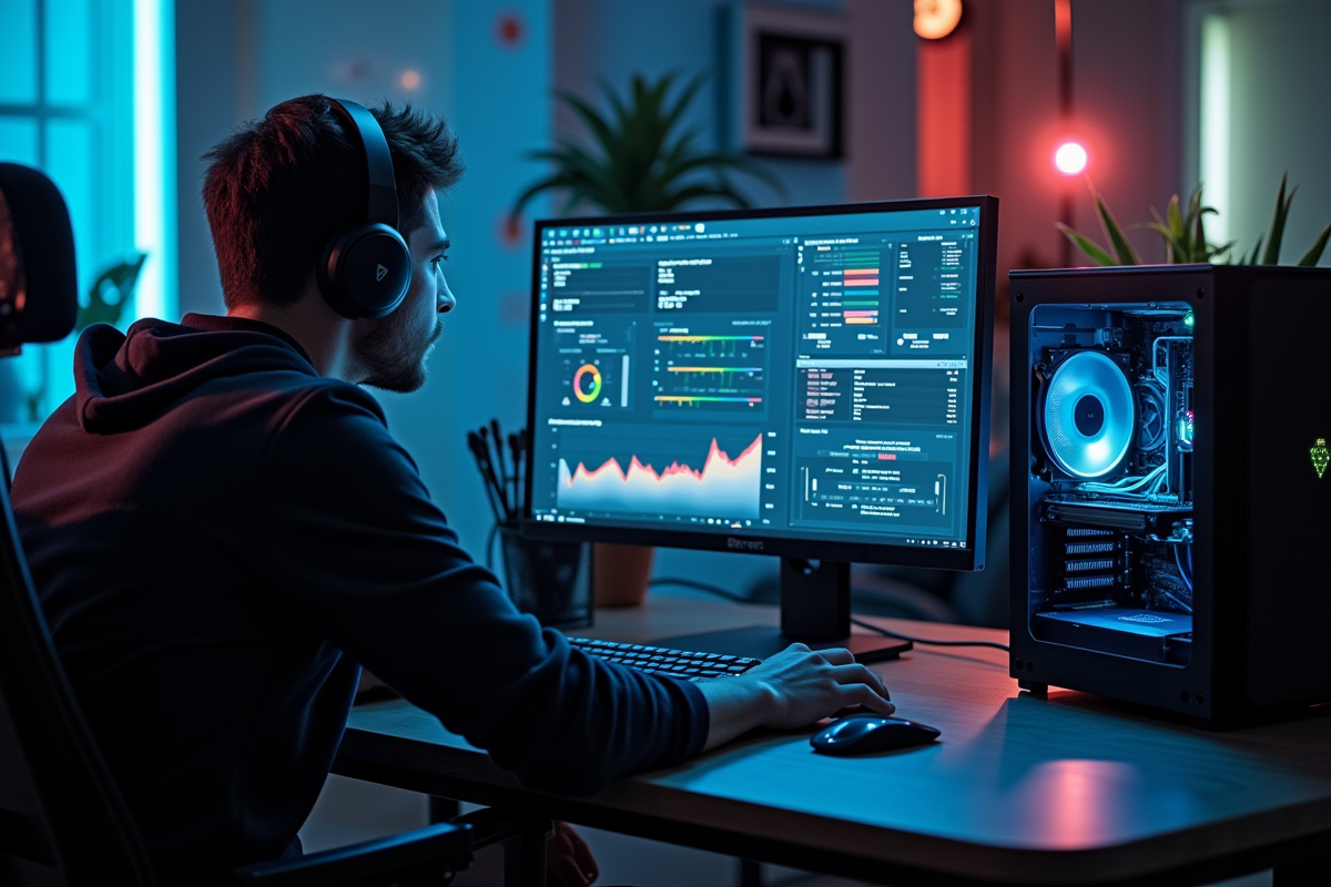 Personne utilisant un ordinateur avec outils et composants PC dans un espace lumineux