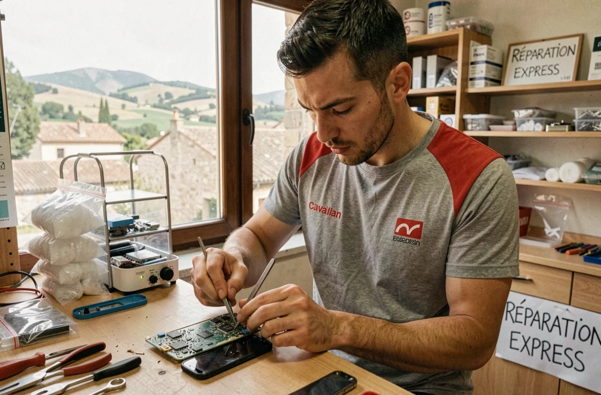 Technicien Phone Urgent Cavaillon nettoyant la carte mère d'un smartphone endommagé par l'eau