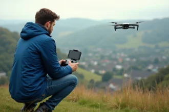 Jeune homme pilotant un drone en plein air dans la nature