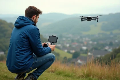 Jeune homme pilotant un drone en plein air dans la nature