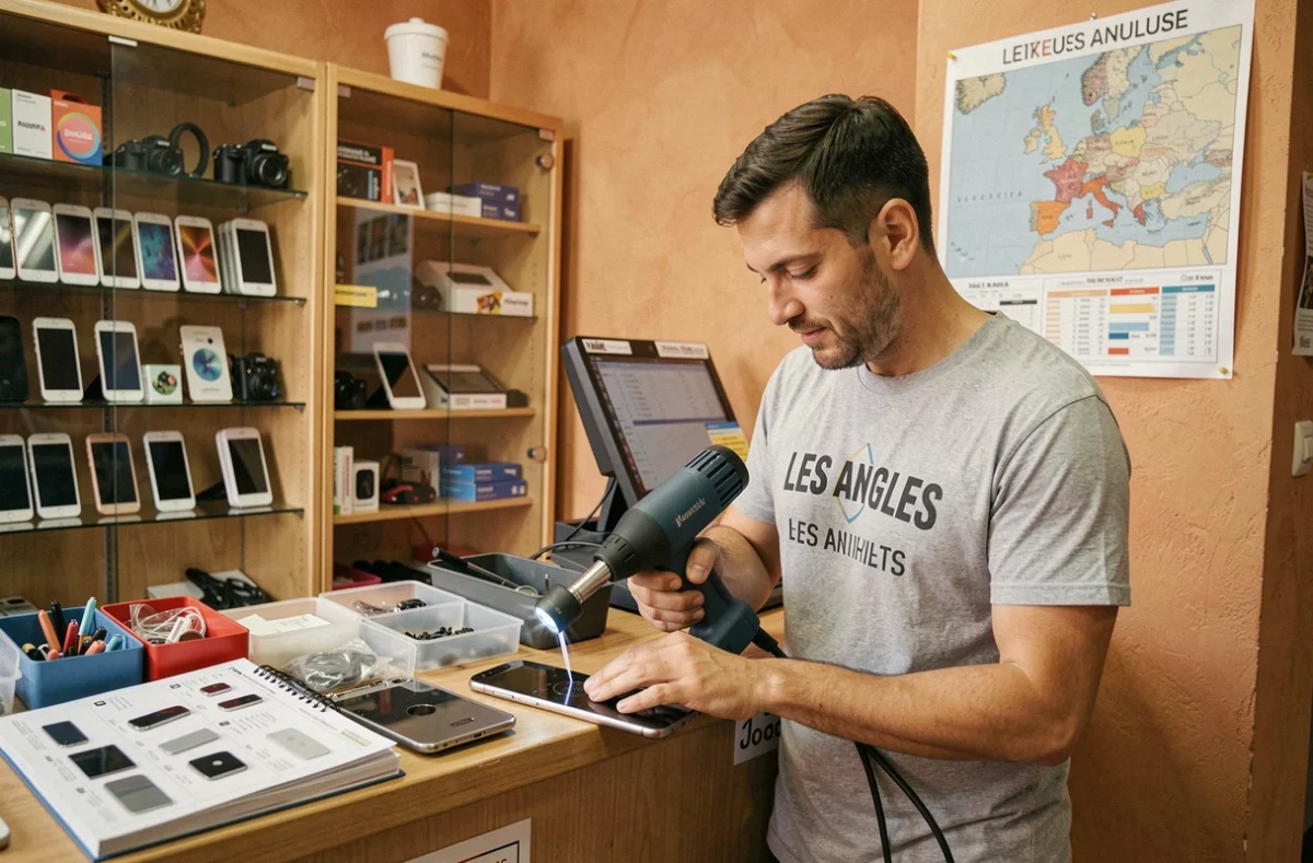 Technicien Planet Sav aux Angles réparant un smartphone avec un outil thermique au comptoir