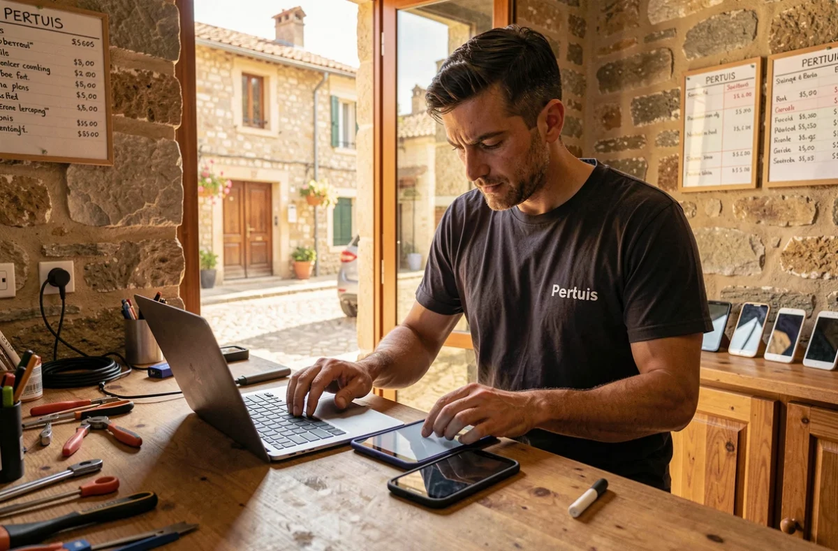 Technicien Point Répar Pertuis diagnostiquant simultanément une tablette et un smartphone dans une boutique provençale