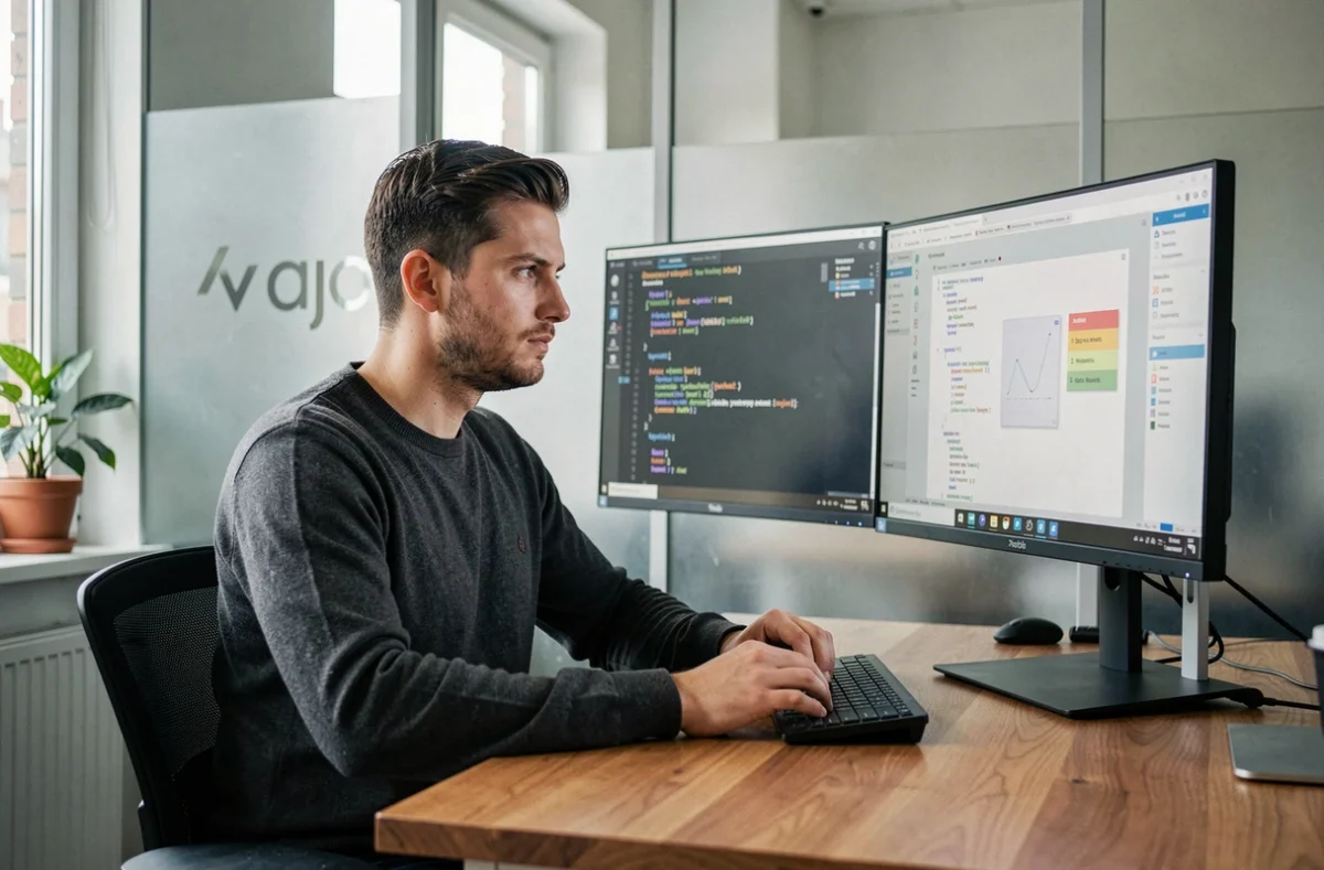 Développeur chez Pragmea à Lille concentré sur un code React affiché sur deux écrans ultralarges dans un bureau minimaliste