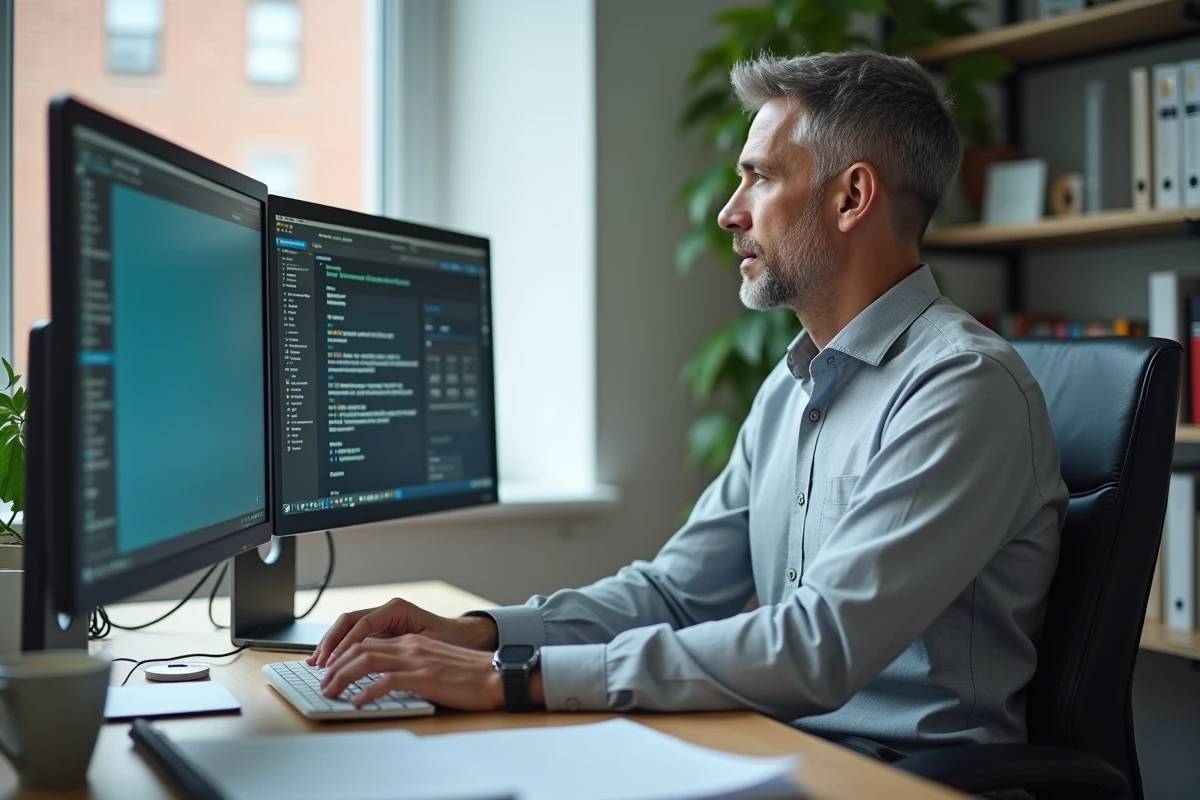 Professeur consultant simultanément le webmail et l'ENT Normandie sur deux écrans dans son bureau universitaire