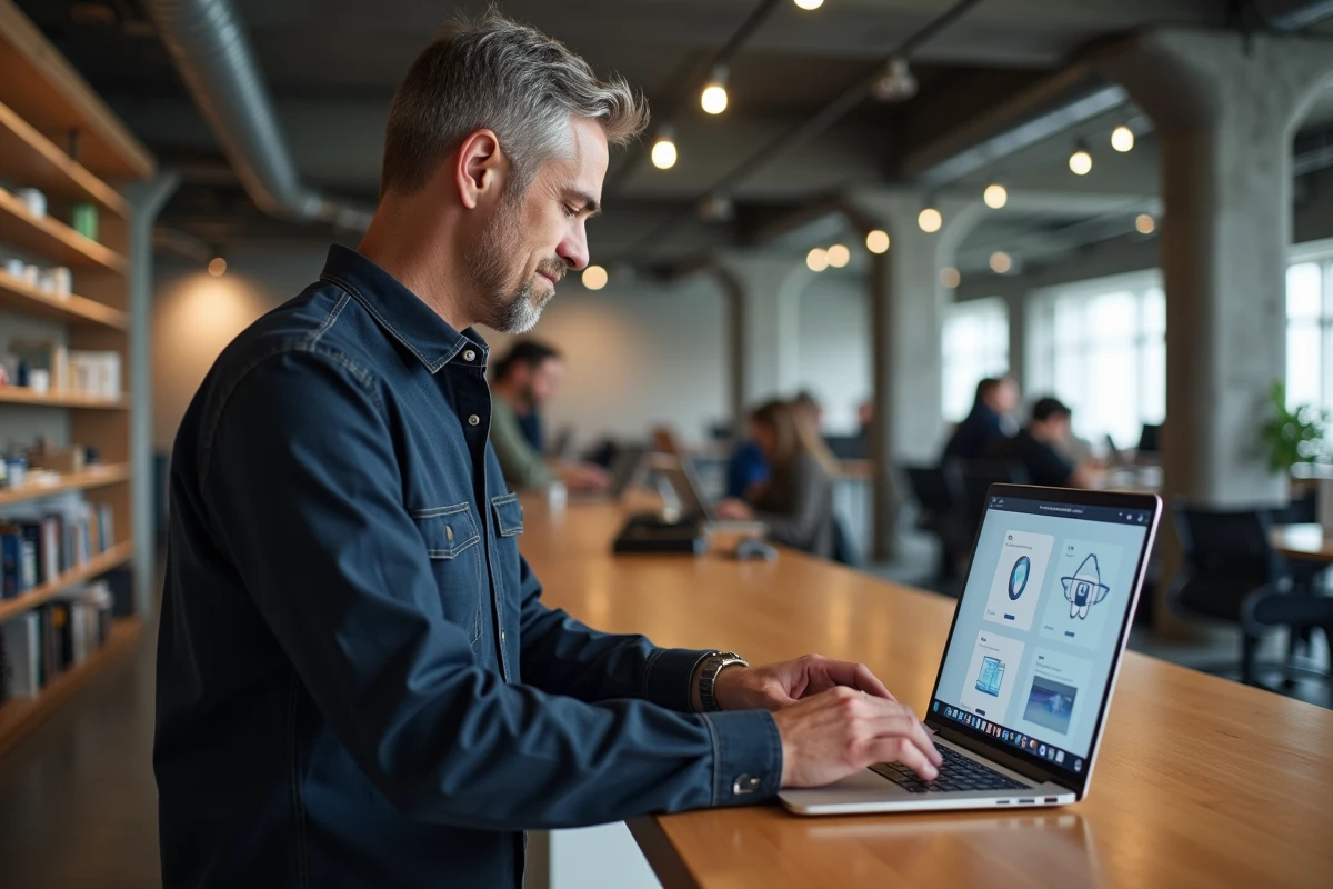 Professionnel masculin évaluant les fonctionnalités de Midjourney et Leonardo AI sur un laptop dans un espace de coworking