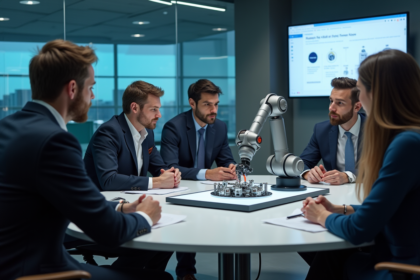 Groupe de professionnels observant un bras robotique en action
