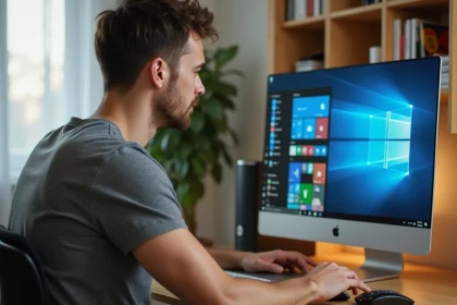 Homme utilisant un ordinateur de bureau sous Windows pour créer un raccourci sur le bureau depuis le menu Démarrer