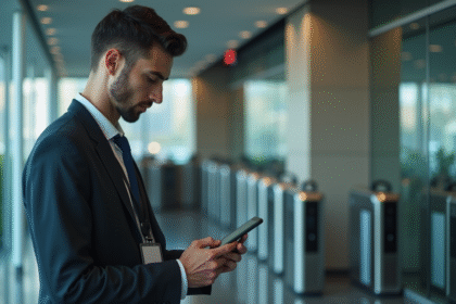 Jeune homme d affaires utilisant la reconnaissance faciale dans un bureau moderne