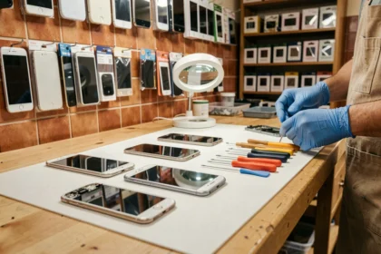 Atelier de réparation de smartphones dans le Vaucluse avec outils et téléphones démontés sur un comptoir