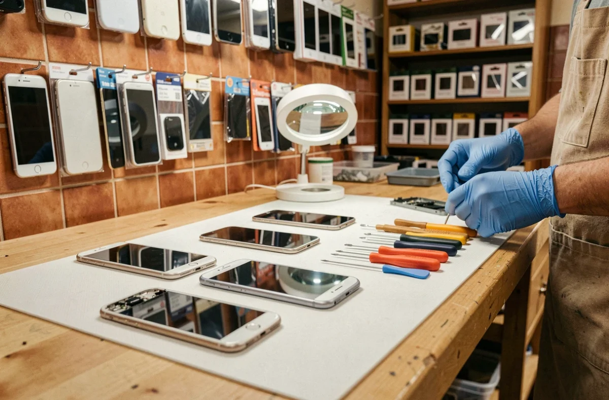 Atelier de réparation de smartphones dans le Vaucluse avec outils et téléphones démontés sur un comptoir