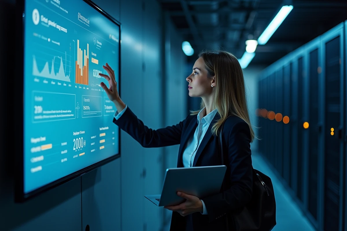 Responsable IT hôtelière analysant les données de satisfaction client sur un tableau de bord numérique dans la salle des serveurs